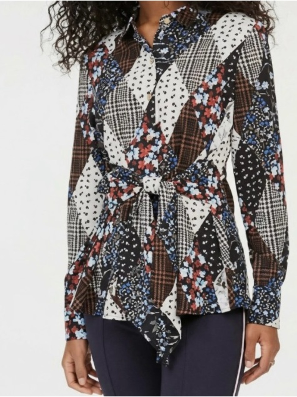 Tommy Hilfiger Patchwork Blouse Tie Waist Houndstooth Floral Long Sleeve Sz M